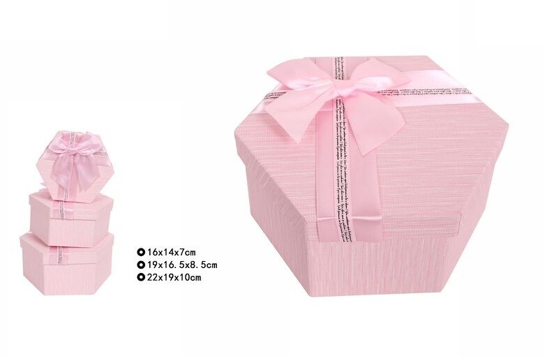 Set 3 Pezzi Scatole Box Per Regali Varie Misure Esagonali Rosa Con Fiocco dfh