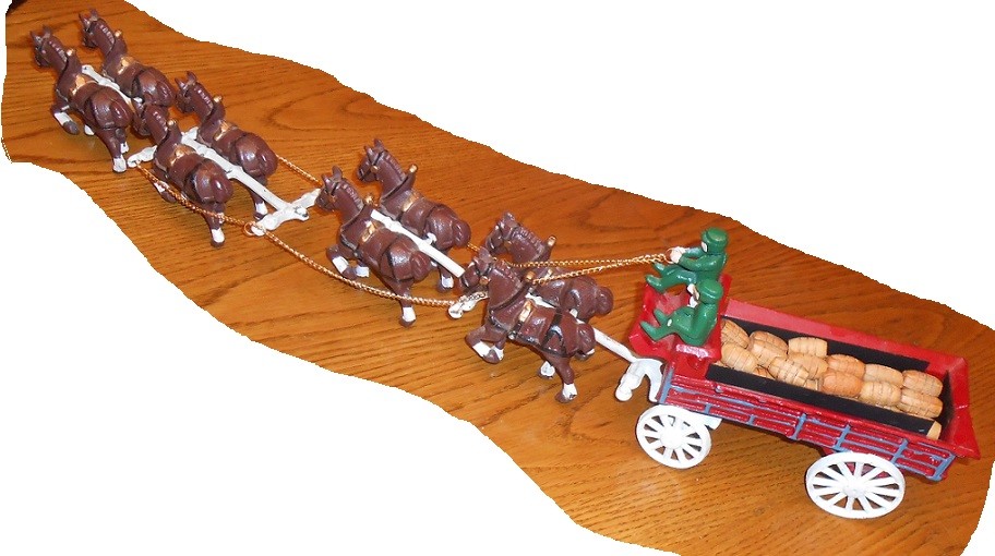 Cast Iron Clydesdale Horses Pulling Wagon Budweiser, Beer Barrels w Driver & Dog