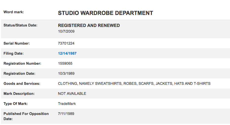 Studio Wardrobe Department Trademark & StudioWardrobeDepartment.com / 11 Domains