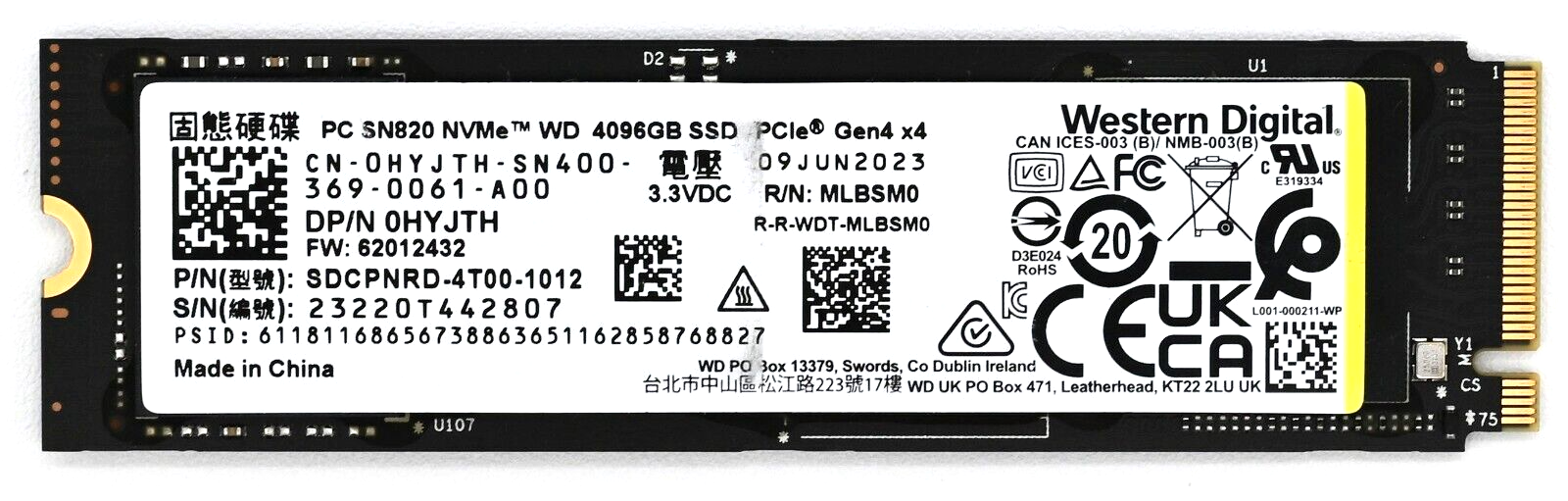 Western Digital SN820 4TB M.2 NVMe PCIe Gen 4x4 SSD OEM Western Digital SN820 4TB M.2 NVMe PCIe Gen 4x4 SSD OEM