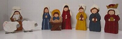 Nativity Figures Tole Painted Wood Holy Family Wisemen Shepherd Sheep 9 pc
