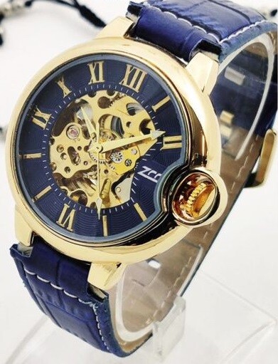 Orologio Polso ZCC 2218 Uomo Automatico Cinturino Pelle Casual Blu Dorato lac