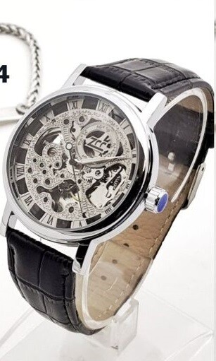 Orologio Polso ZCC 003 Uomo Automatico Cinturino Pelle Casual Nero Silver lac