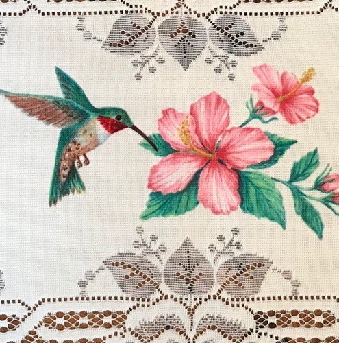 Hummingbird Floral Lace Table Scarf Header Vintage Centerpiece Flowers Linen