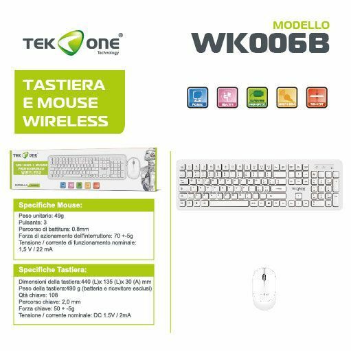Tastiera + Mouse Wireless TeKone WK006B Bianca Senza Fili Design Pc Desktop hsb