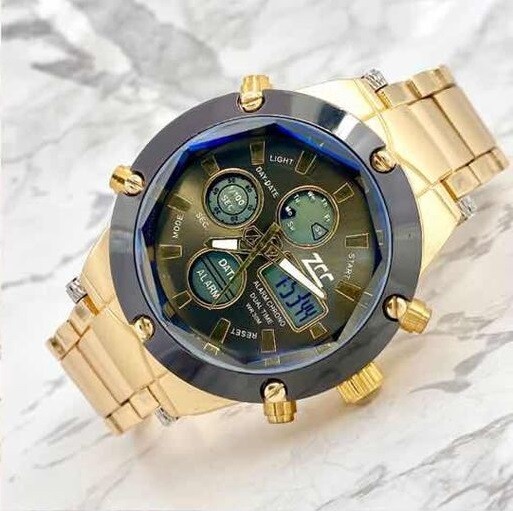 Orologio Polso ZCC 2001 Uomo Quarzo Acciaio Dual Time Dorato Nero lac