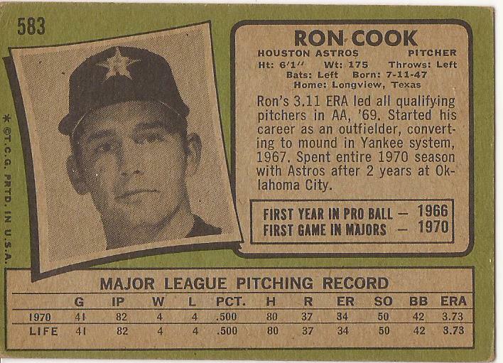 1971 Topps SEMI-HIGH # 583 - RON COOK - ASTROS - EX - FREE SHIPPING