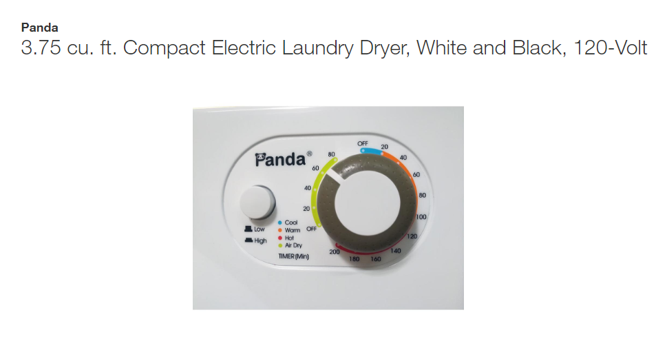 Panda Small Mini Compact Dryer 110V Stainless Steel Drum 1.50 cu ft Stackable