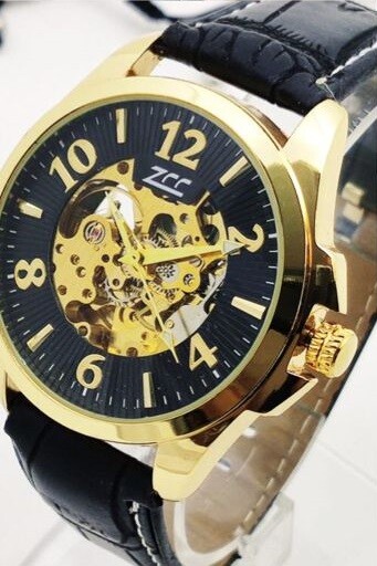 Orologio Polso ZCC 3715 Uomo Automatico Cinturino Pelle Casual Dorato Nero lac