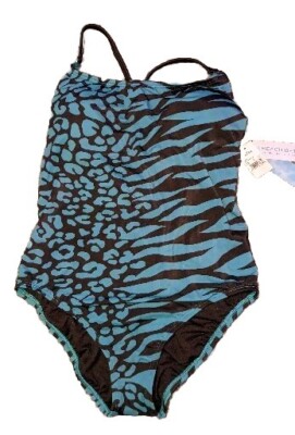 Beach Betty 1 Piece Swimsuit Size M Teal Black Animal Print Crossback Open Back