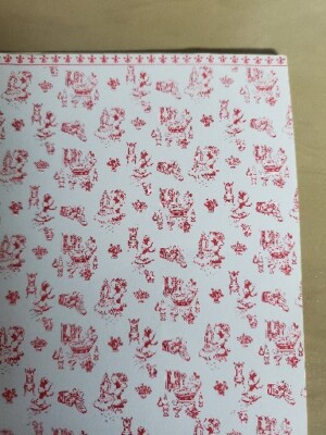 Hermes Dollhouse Wallpaper Pattern:  Poodle Pampering , with border. Red