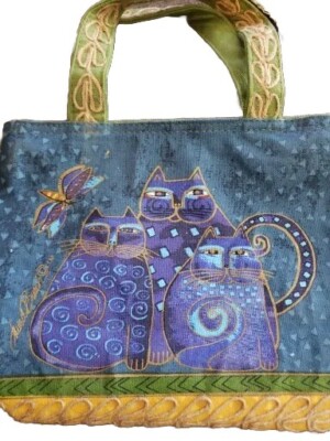 Laurel Burch Cat Print Mini Tote Bag Blue Handbag Purse  9'' x 9 