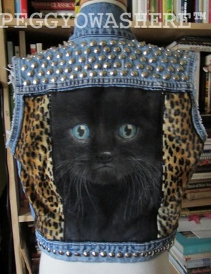 VTG FRAYED CUT OFF DENIM FESTIVAL JACKET VEST Leopard KITTY EYES STUD SPIKE boho