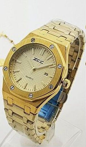 Orologio Polso ZCC 1067 Uomo Quarzo Data Elegante Dorato Quad Oro lac