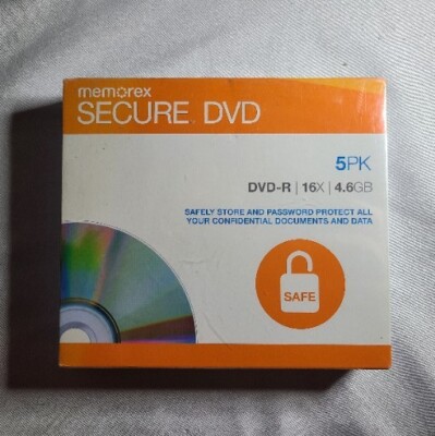 NEW Memorex 5PK Secure DVD-R Password Protected Encryption 16x 4.6GB AES 256 