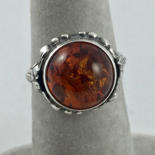 Southwestern Sterling Silver & Amber Ring, Size 6.5