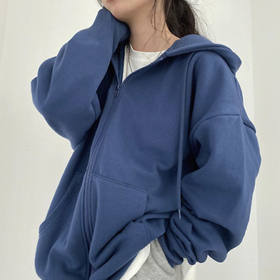 Y2K Vintage Solid Color Oversized Hoodies Pocket Zip Up Women s