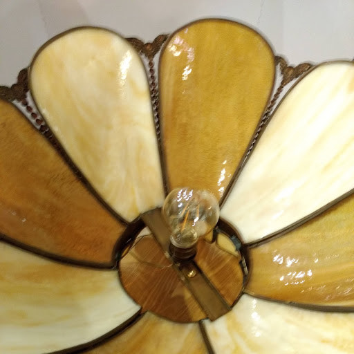 Brass 8 panel Bent Slag Glass Hanging Lamp 17-1/2