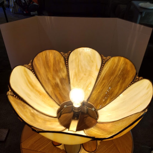 Brass 8 panel Bent Slag Glass Hanging Lamp 17-1/2