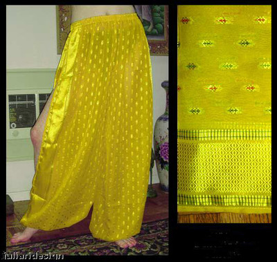 Harem Pants Belly Dance Sari Chiffon Earthy Yellow w/ Bright Yellow Slit 