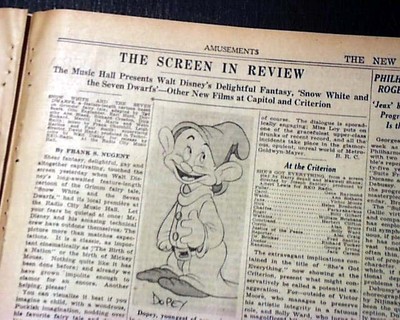 SNOW WHITE Walt Disney Opening Day REVIEW w/ Dopey Illustration 1941 Newspaper