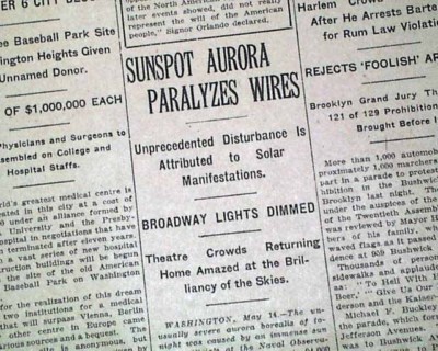 May GEOMAGNETIC STORM Solar Coronal Mass Ejection from Sun 1921 Old Newspaper