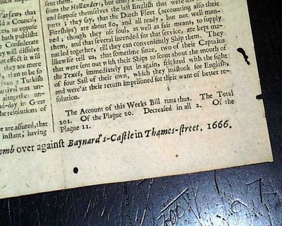 Rare GREAT PLAGUE Outbreak Deaths Cases London England Gazette 1666 UK Newspaper