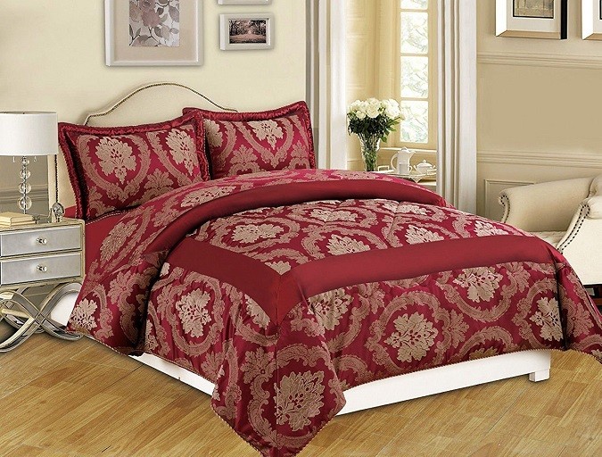 Luxury Burgundy Heavy Jacquard King Size Bedspread Comforter Set