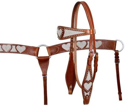 Beautiful Leather Headstall & Breastcollar Set w/ Silver Glitter Heart Overlay!