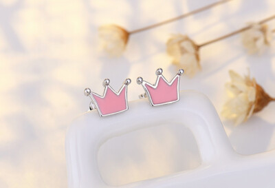 Adorable Tiny Silver Love Royal Crown Pink Stud Earrings