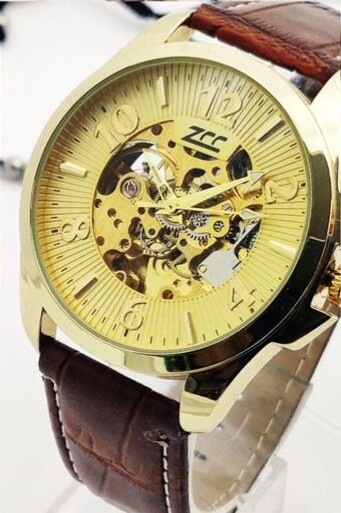 Orologio Polso ZCC 3715 Uomo Automatico Cinturino Pelle Casual Marrone Dorat lac