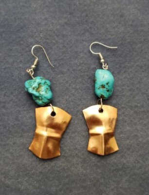 Tlingit made , Hand Hammered Copper Tinnah earrings turquoise Northwest coast