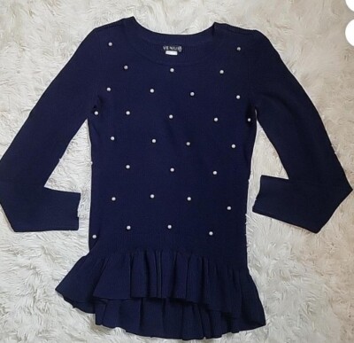 Venus Womens Size L Long Sleeves Sweater Navy w Pearl Pullover sz L
