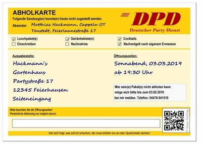 Geburtstagseinladungen DPD Abholkarte lustig ausgefallen 20. 30. 40. 50. 60. top