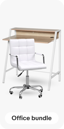 A white office chair and white and brown desk linking to office bundle page