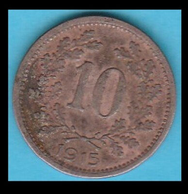 1915 Austria Ten Heller World Coin - km 2822- Good Details See Scans