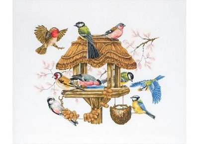 Bird Table Anchor Counted Cross Stitch Kit APC942 14x17.5 In White 16 Count Aida