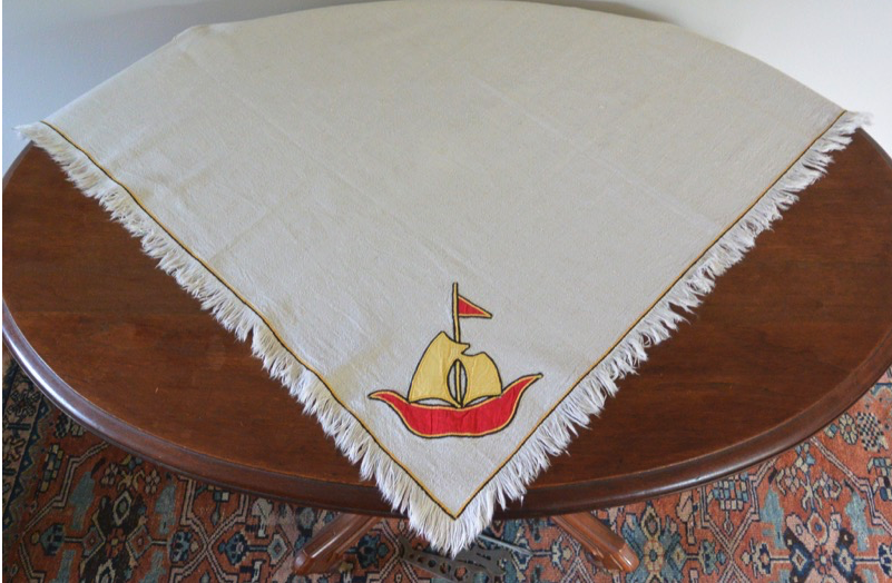 Vtg Small NAUTICAL Linen Sailboat Tablecloth Red & Yellow Sailing 30” Square EUC