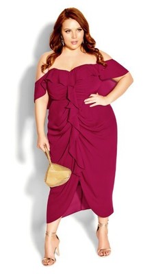 City Chic Womens Dress VA VA VOOM FF - Garnet - 14 / XS Ruffles Red Midi