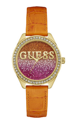 GUESS WOMEN'S ORANGE strap TWO-TONE DIAL WATCH gold tone case W0823L10
