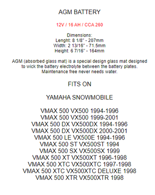 AGM Battery for Yamaha Vmax 500 VX500 Dx Le St Sx Xt Xtc Xtr 1994-2001