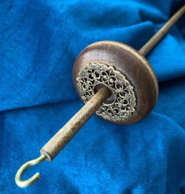 #1 Ornate Brass Filigree Drop Spindle Top Whorl Walnut Stained