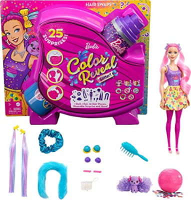 Barbie Color Reveal Glitter Hair Swaps Doll 25 Hairstyling & Party  Surprises