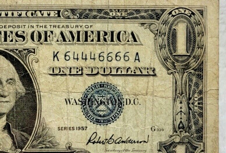 Binary Fancy Serial # 1957 $1 Silver Certificate Bank Note Currency