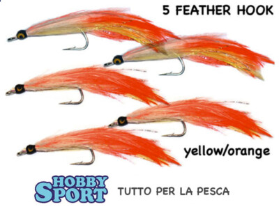 5 FEATHER HOOK 2/0  MONTATI CON PIUMETTE ROSSE GIALLE