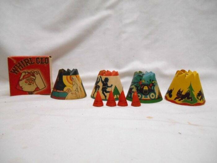 Antique Christmas 1936 WHIRL GLO SHADES w PINS Nativity Scotty Dog Kids Carriage