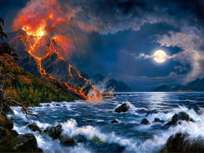 V0924 Amazing Painting Art Volcanic Eruption Lava Moon Decor WALL