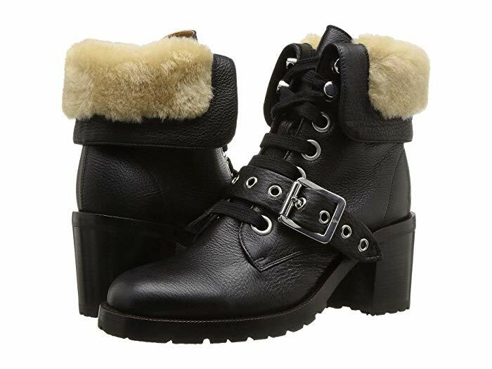 Pre-owned Frye In Box  Kay Shearling Lace Womens Black Leather Heeled Ankle Boots 7.5 M