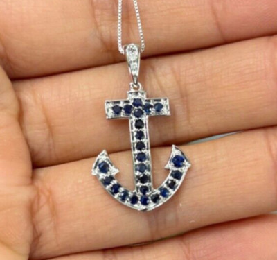10k White Gold Natural Sapphire Diamond Boat Anchor Pendant  Necklace