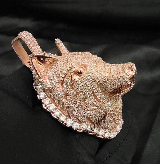 Pre-owned Online0369 Mens 3d Wolf Face Charm 3.28 Ct Cubic Zirconia Pendant Rose Gold Over Silver In White